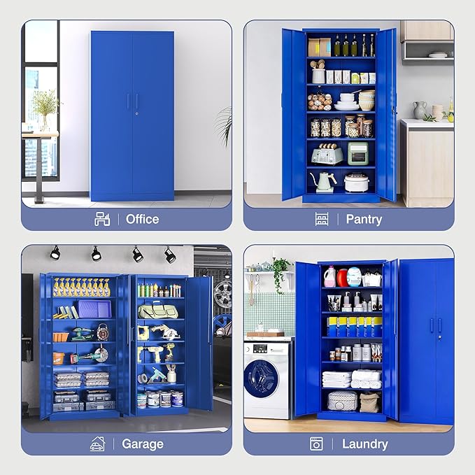 Metal Cabinet with Lock, Tall Storage Cabinet with Door and Adjustable Shelves,Blue Steel Storage Cabinets for Garage,Home Office,Pantry,School,Hospital