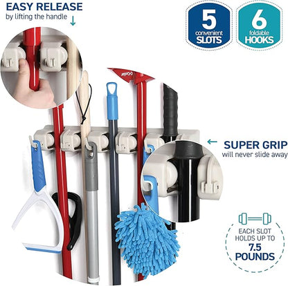 HOME IT Mop And Broom Holder Wall Mount - Garage Storage Systems with 5 Slots, 6 Hooks, 7.5lbs Capacity Per Slot - Garden Tool Organizer For Home, Kitchen, Closet, Garage, Laundry Room - Off-White