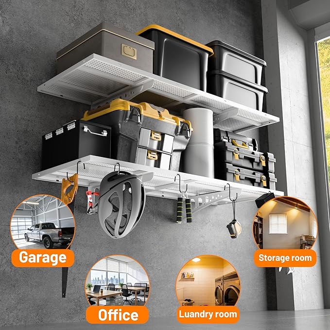 2-Pack 1.5x4ft Garage Shelving Heavy Duty, 500 Lbs Wall Mounted Storage Shelf, Solid Flat Panel Organizer With Complete Install Kit, White