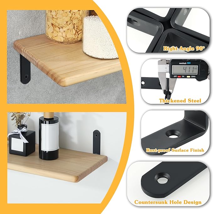Alise 4mm Thick Floating Shelf Brackets,Black Bracket for Shelves,Heavy Duty L Bracket Corner Brace Joint Angle Bracket for Walls,6x4 Inch(Pack of 4)