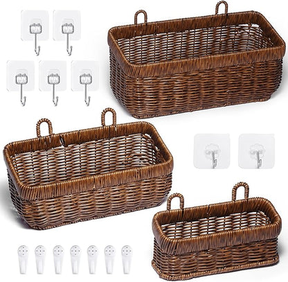 3 PCS Wall Mounted Woven Basket, Boho Kitchen Hanging Basket, Wall-Mounted Planters Holder With Hooks, Storage Boxes For Home Decor, Porche, Indoor And Outdoor, Cafe, And Offices(Brown-Set)