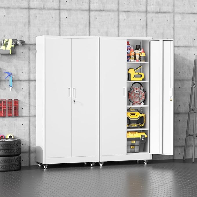INTERGREAT Metal Storage Cabinet with Wheels, 73" Rolling Storage Cabinets with Door and 4 Shelves, Tall Storage Cabinets Locker on Caster for Home, Office(White)