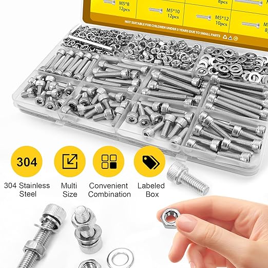 270pcs M5 Screws with Nuts Assortment kit, M5x8/10/12/16/20/25/30/35 mm 304 Stainless Steel Hex Socket Head Cap Screw Bolts Nuts Flat & Lock Washer Set