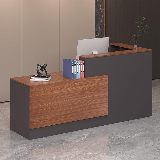 L-Shaped Reception Desk with Lockable Drawers, Adjustable File Cabinet & Keyboard Tray, Modern Front Counter for Office, Salon, or Lobby (Right-L Walnut/Slate Gray, 86.6''L x 23.6''W x 41.3''H)