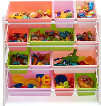 Amazon Basics Kids Toy Storage Organizer with 12 Plastic Bins, White Wood with Pink Bins, for Bedroom and Playroom, 10.9" D x 33.6" W x 31.1" H