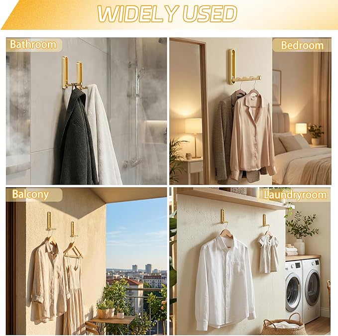2 Pcs Extended Folding Coat Hooks Wall Mounted, 4.33 in Gold Foldable Wall Hooks Heavy Duty Valet RV Hooks Bathroom Towel Hooks Robe Hooks for Hanging Towels Clothes Coat Hat Bags