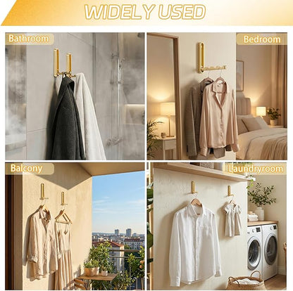 2 Pcs Extended Folding Coat Hooks Wall Mounted, 4.33 in Gold Foldable Wall Hooks Heavy Duty Valet RV Hooks Bathroom Towel Hooks Robe Hooks for Hanging Towels Clothes Coat Hat Bags