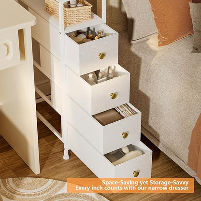 Narrow Dresser for Bedroom, Slim Dresser Storage Tower, Chest of 4 Fabric Drawers with Wood Shelf, Bathroom Organizers and Storage for Small Spaces, Laundry, Closet, White