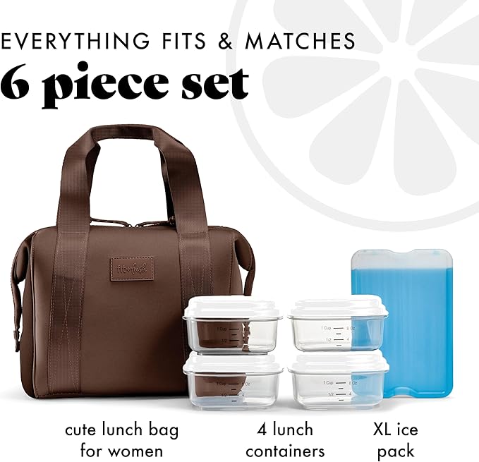 Fit & Fresh Remi Neoprene Lunch Bag For Women - Meal Prep Kit with Containers & XL Ice Pack, Self Insulating Neoprene-like Material, Machine Washable Lunch Bag, Tear & Stain-Resistant, Chocolate