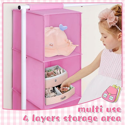 Univivi Kids Clothing Rack with Hanging Organizer, Short Toddler Dress Up Storage Rack for Hanging Clothes, Kids Wardrobe Closet for Baby Clothes, Dance Costumes, Pink/White