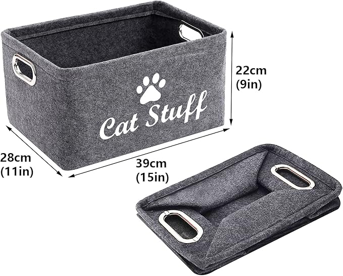 Felt Cat Toy Basket,Foldable Pet Toy Storage Bins with Handles, Pet Stuff Organizer for Indoor Cat,Kitten Toy Storage Bed for Organizing Cat Toys Treats Clothes and Accessories