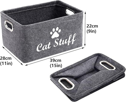 Felt Cat Toy Basket,Foldable Pet Toy Storage Bins with Handles, Pet Stuff Organizer for Indoor Cat,Kitten Toy Storage Bed for Organizing Cat Toys Treats Clothes and Accessories