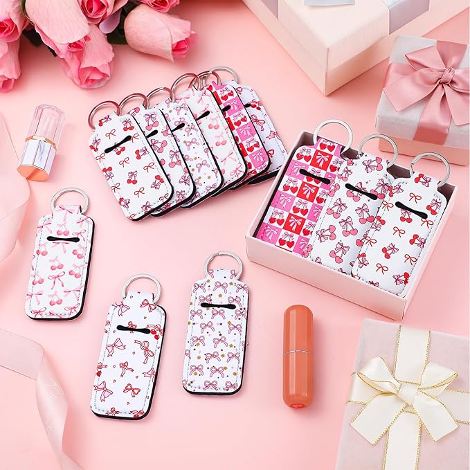12 Pcs Lipstick Holder Keychain Bulk Cute Pocket Lip Balm Holder Keychain Backpack Purse Accessories for Women Lip Gloss Sleeve Pouch, 6 Style (Cherry Bow)