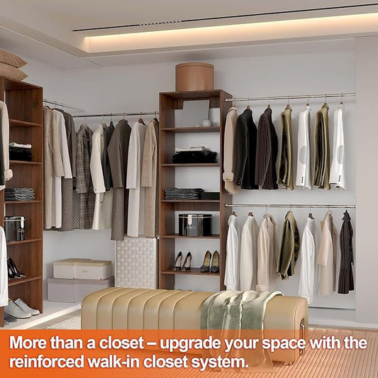 Wall-Mounted Closet Organizer System with Adjustable Shelves and Hanging Rods – Modern Open Wardrobe, Walnut