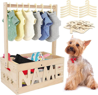 13.5"x9.5"x20.1" Wooden Pet Wardrobe Closet with Hangers, Personalized Alphabet Letters & Sticker, Easy Assembly Crate for Dog/Cat Closet, Dog Closet Organizer for Toys Clothes and Accessories