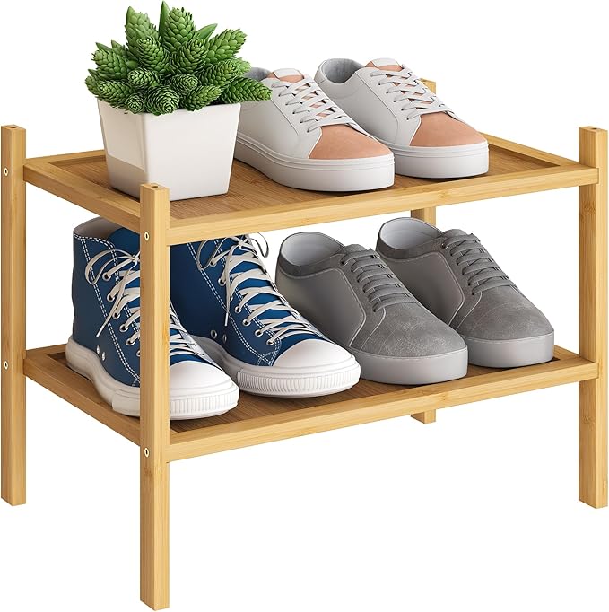 BMOSU 2-Tier Bamboo Small Shoe Rack Premium Stackable Shoe Shelf Storage Organizer for Hallway Closet Living Room Entryway Organizer(Natural)