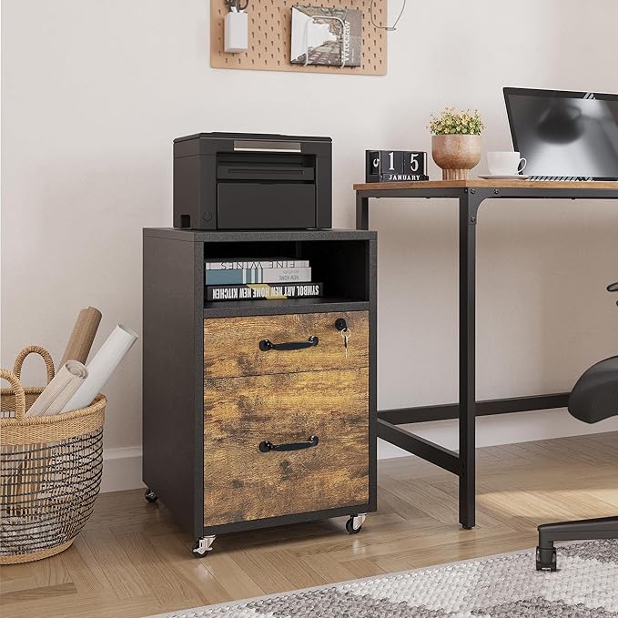 Yaheetech File Cabinet, Under Desk Vertical Cabinet With 2 Drawers and Open Compartment, Printer Stand with Lockable Wheels for A4 Letter Size Hangable File Folders for Home Office(Black/Rustic Brown)