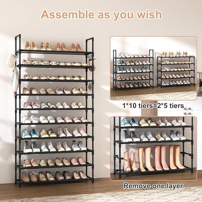 VTRIN 10 Tier Shoe Rack Tall Large Capacity 50 Pair Wide Shoe Organizer with Two Hooks Sturdy Metal Shoe Shelf for Entryway, Closet, Bedroom