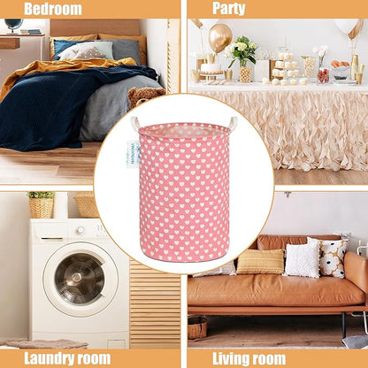 LANGYASHAN Laundry Basket Canvas Fabric Collapsible Organizer Basket for Storage Bin Toy Bins Gift Baskets Bedroom Clothes Children Nursery Hamper (pink heart)