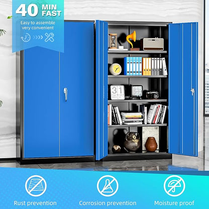Bonusall Mental Garage Cabinets with 2 Doors and 4 Shelves, Locking Cabinet with for Storage，Steel Garage Storage Cabinets for Home Office, Warehouse，School(Black Blue)