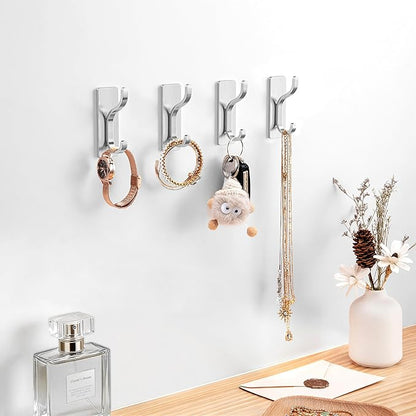 pickpiff Adhesive Wall Hooks for Hanging Towels - Heavy Duty Stick On Hooks, Strong Hold up to 13 lbs, Hangers for Coats, Bags, Purses, Ideal for Door, Closet, or Bathroom, Brushed Silver,4 Pack