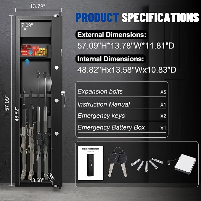 SHICHI 8-10 Electronic Gun Safe for Rifles, Gun Cabinet for Rifles and Shotguns, No Assembly Required,Large Rifle Safes for Home,with Dual Alarm System, Inner Cabinet and Adjustable Shelf