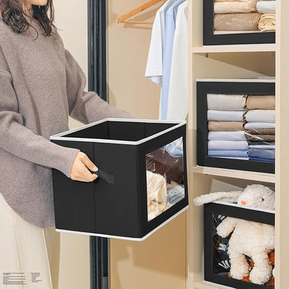 Large Storage Bins with Lids - Fabric Storage Cubes with Window, Collapsible Bins for Clothes, 15.7 Inch Large Baskets for Bedroom, Dorm, Office, Black, 6 Pack