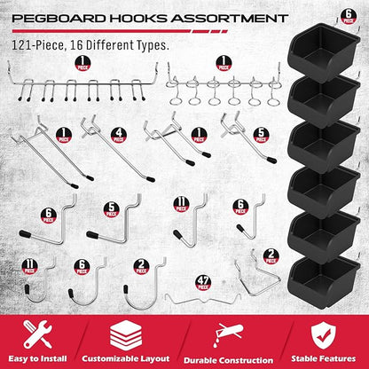 Ultimate 121-Piece Pegboard Hooks Set, Pegboard Accessories with Metal Hooks, Durable Peg Board Organizer Accessories, Pegboard Bins, Peg Board Tool Utility Hooks