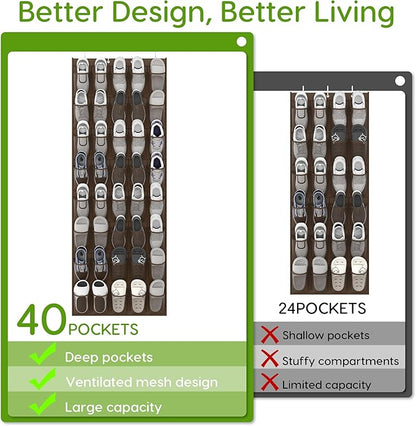 Unjumbly Over the Door Shoe Organizer with 40 Large Breathable Mesh Pockets, Space Saving Shoe Holder, Hanging Shoe Rack for Entryway Bedroom Closet Storage (Brown, 40 Pockets)