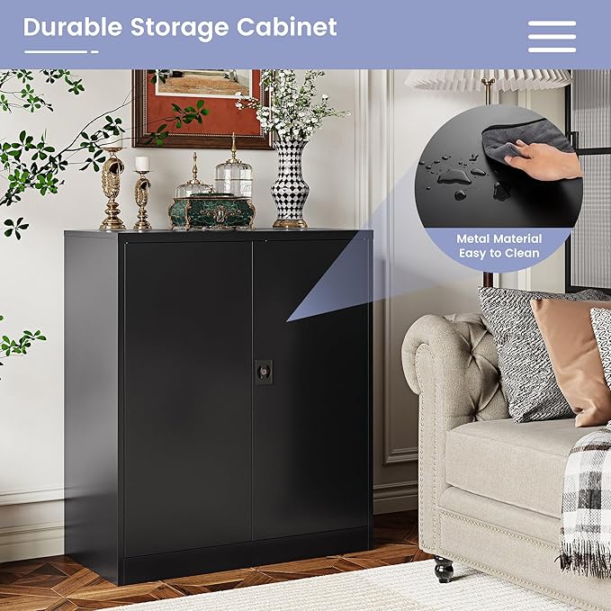 Metal Storage Cabinet, Wide & Deep Storage Cabinet with 2 Doors and Adjustable Shelves, Lockable Tool Cabinet for Garage,Home Office and School (Black)