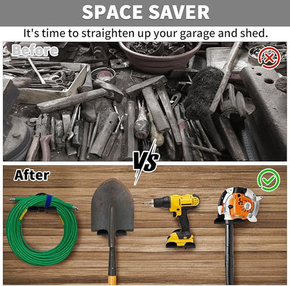 Upgraded Trimmer Rack Wall Mount - 8" Heavy Duty Weed Eater Hanger for Garage Wall, Garden Power Tool Holder Organizer Hooks for Grass Trimmer, Hedge Trimmer, Leaf Blower and Chainsaw, Black, 4 Pack