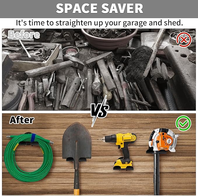 Upgraded Trimmer Rack Wall Mount - 8" Heavy Duty Weed Eater Hanger for Garage Wall, Garden Power Tool Holder Organizer Hooks for Grass Trimmer, Hedge Trimmer, Leaf Blower and Chainsaw, Black, 2 Pack