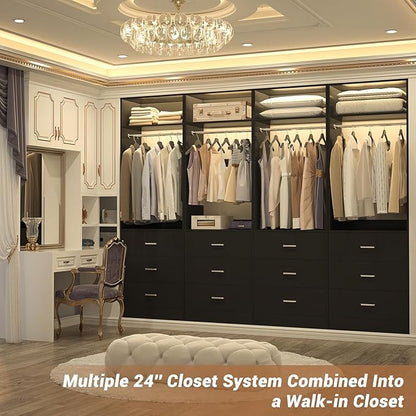Closet System Set of 2, 4FT Closet Systems with 6 Wood Drawers, 48" Closet Organizer System with 2 Hanging Rods & 2 Shelves, Heavy Duty 48 Inch Walk-in Closet, Black (48"L x 15" W x 80" H)