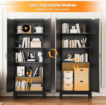 Metal Black Storage Cabinet with 2 Doors and 4 Adjustable Shelves, 75" Tall Kitchen Pantry cabinets, Farmhouse Food Pantry Cabinet,5 Tier Freestanding Barn Door Cupboard for Kitchen Dining/Living Room
