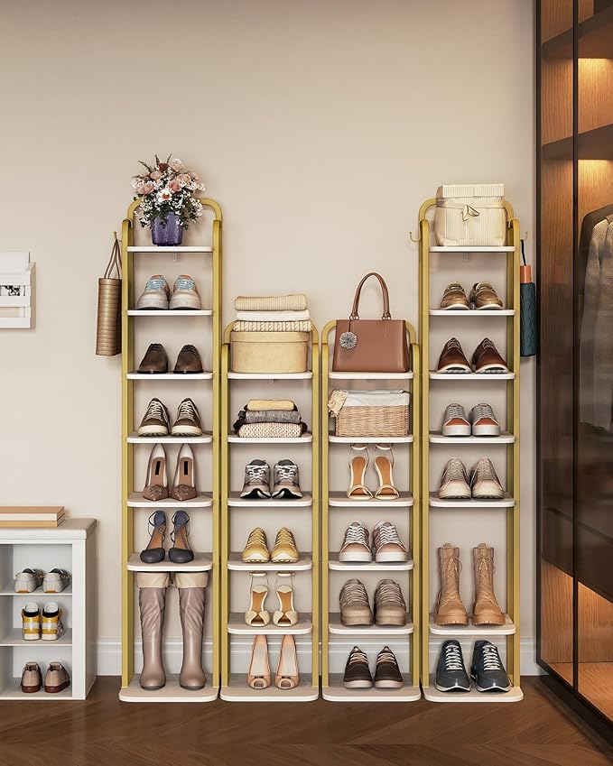 8 Tiers Vertical Shoe Rack, Narrow Shoe Tower, Tall Shoes Shelf with 2 Hooks, Adjustable Shelves, Corner Shoes Shelves for Small Spaces, Entryway, Living Room, White Gold SR04313A