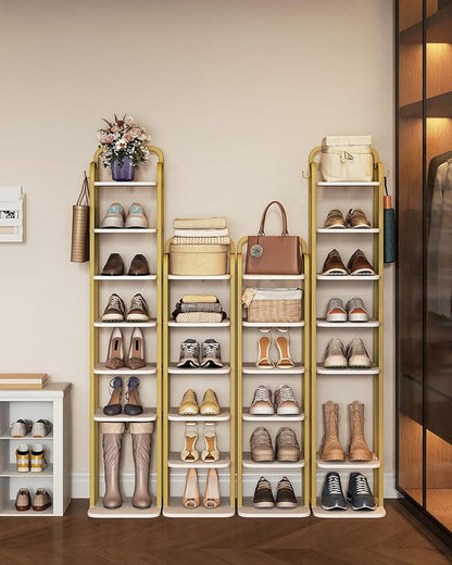 8 Tiers Vertical Shoe Rack, Narrow Shoe Tower, Tall Shoes Shelf with 2 Hooks, Adjustable Shelves, Corner Shoes Shelves for Small Spaces, Entryway, Living Room, White Gold SR04313A