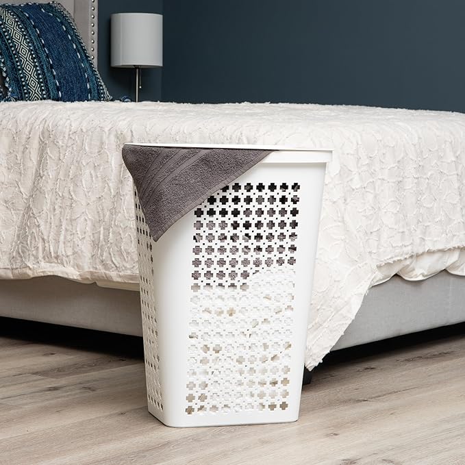 Mind Reader Slim Tapered Laundry Hamper with Lid, Clothes Basket with Swiss Cross Cut-Outs, Lightweight & Ventilated, Plastic, 16.75"L x 12.75"W x 23"H, White