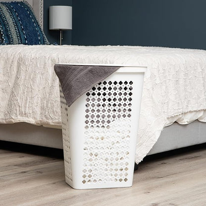 Mind Reader Slim Tapered Laundry Hamper with Lid, Clothes Basket with Swiss Cross Cut-Outs, Lightweight & Ventilated, Plastic, 16.75"L x 12.75"W x 23"H, White