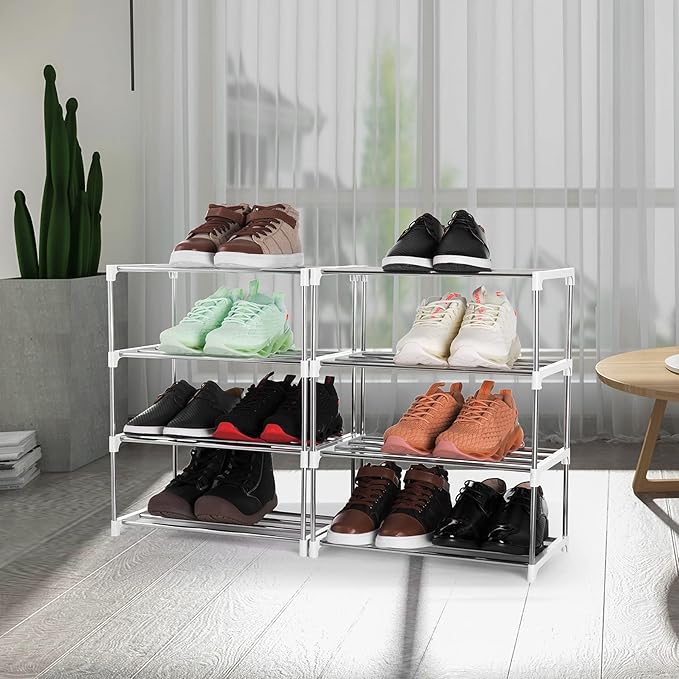 Xerhnan 4-Tier Stackable Small Shoe Rack, Lightweight Shoe Shelf Storage Organizer for Entryway, Hallway and Closet(White)