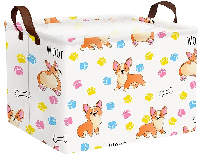 Medium Dog Toy Storage Basket Collapsible Pet Bin Box with Handles Large Puppy Box Stuff Organizer Living Room Decor(Color Paw)