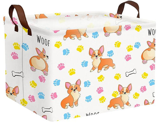 Medium Dog Toy Storage Basket Collapsible Pet Bin Box with Handles Large Puppy Box Stuff Organizer Living Room Decor(Color Paw)