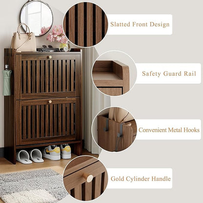 wanan 24" Shoe Cabinet with 2 Flip Slatted Drawers, Adjustable & Removable Panels, Narrow Shoe Cabinet Storage for Entryway, Hallway, Shoe Rack Organizer Cabinet, Walnut