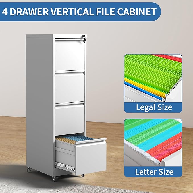 4 Drawer Mobile File Cabinet, Metal Filing Cabinet with Lock and Wheels, Home Office Rolling File Cabinets for Legal/Letter Hanging File Folders, Un-Assembled (White)