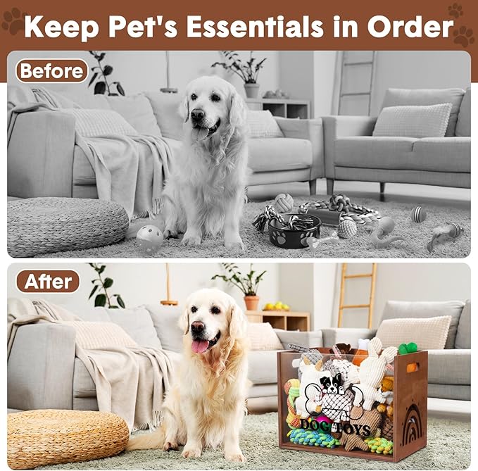 Large Dog Toy Basket Dog Toy Box Wooden Storage Bin with Acrylic Board Storage Box for Puppy Toys Pet Food and Accessories Organizer Holder Basket for Living Room Area(Brown, Dog)