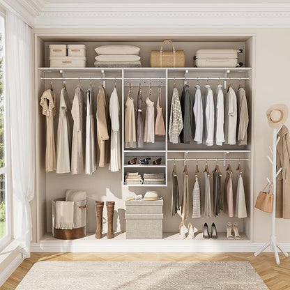 Cyclysio 96 Inch Closet System, 8 FT Hanging Closet Organizer System, Walk in Closet System with 4 Adjustable Rods and 3 Shelving Towers for 4-8FT Spaces(Cut-to-Fit), White