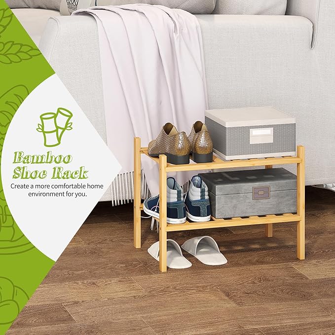 BMOSU 2-Tier Bamboo Small Shoe Rack Premium Stackable Shoe Shelf Storage Organizer for Hallway Closet Living Room Entryway Organizer (Natural Bamboo)