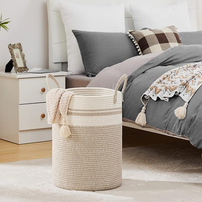 72L Large Woven Laundry Hamper by Fiona's magic, Tall Cotton Rope Storage Basket, Jute Baby Nursery Hamper for Blankets, Toys and Clothes in Bedroom and Living Room Organizing, Brown & White