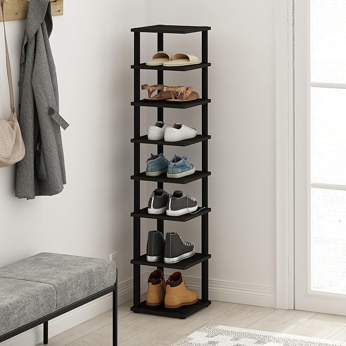 Furinno Turn-N-Tube Vertical Shoe Rack, 8-Tier Narrow Shoe Organizer, Free Standing Shoe Storage, Shoe Shelf for Boots, Sneakers, 11.6 x 11.6 x 52.6, for Closet, Entryway, Office, Garage, Espresso
