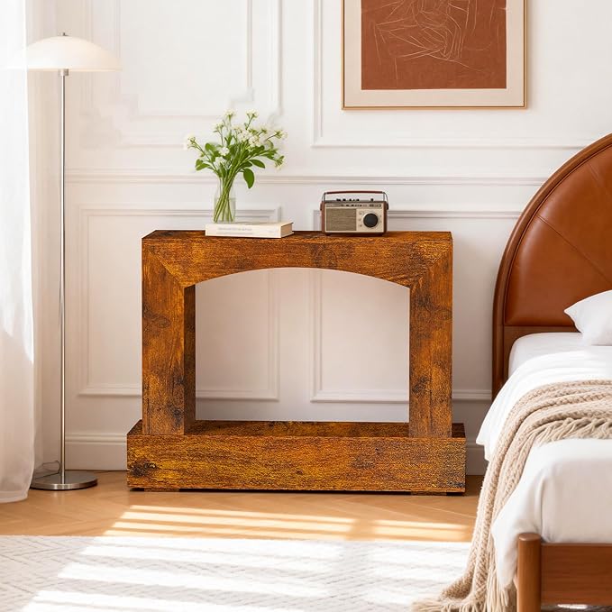 46 Inch Entryway Table U-Shaped, Wooden Console Table with Socket Farmhouse Sofa Table for Entrance, Hallway, Living Room,Behind Couch(Rustic Brown)