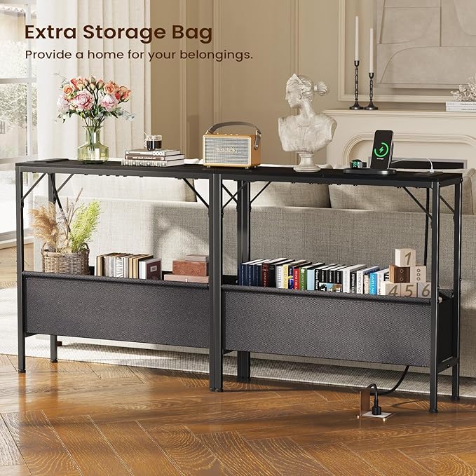 31.5" Console Table, 9.5" D Entryway Table with Power Outlets & USB Ports & Fabric Basket, Narrow Sofa Table for Hallway, Foyer, Living Room, Black